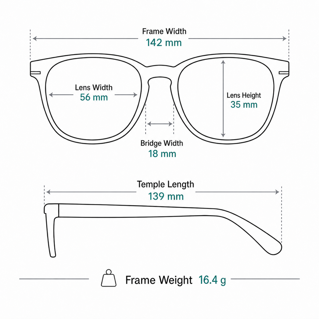 Titanium rimless glasses measurement guide: 142 mm frame, 56 mm lens, 16.4 g weight