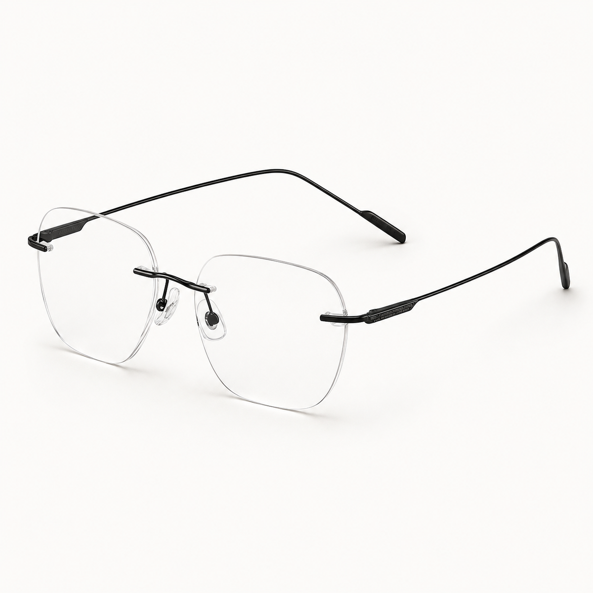 Black titanium rimless geometric rectangular eyeglasses, 45-degree product view