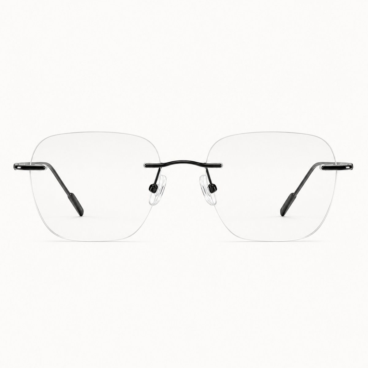 Black titanium rimless geometric rectangular eyeglasses, straight-on product view