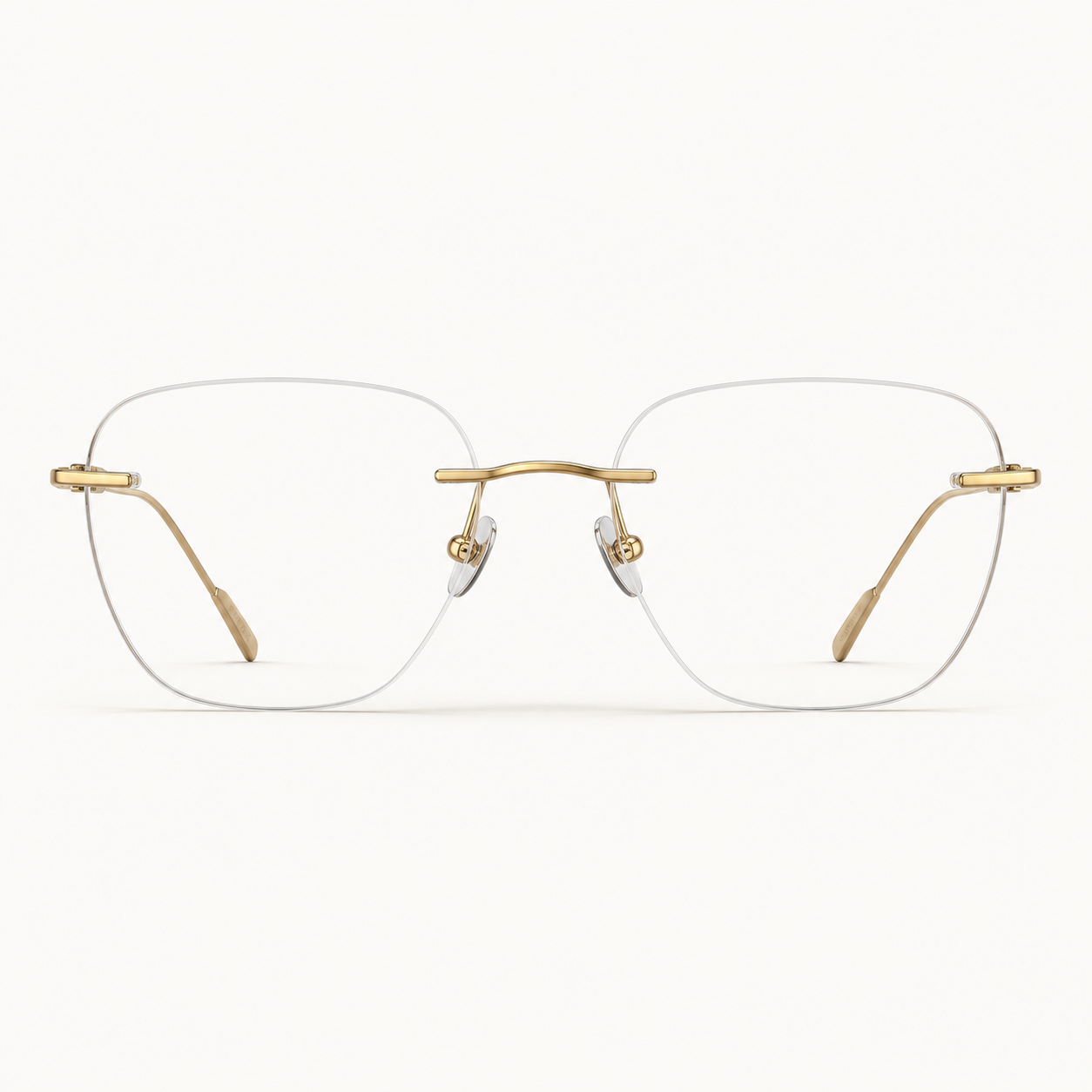Gold titanium rimless geometric rectangular eyeglasses, straight-on product view