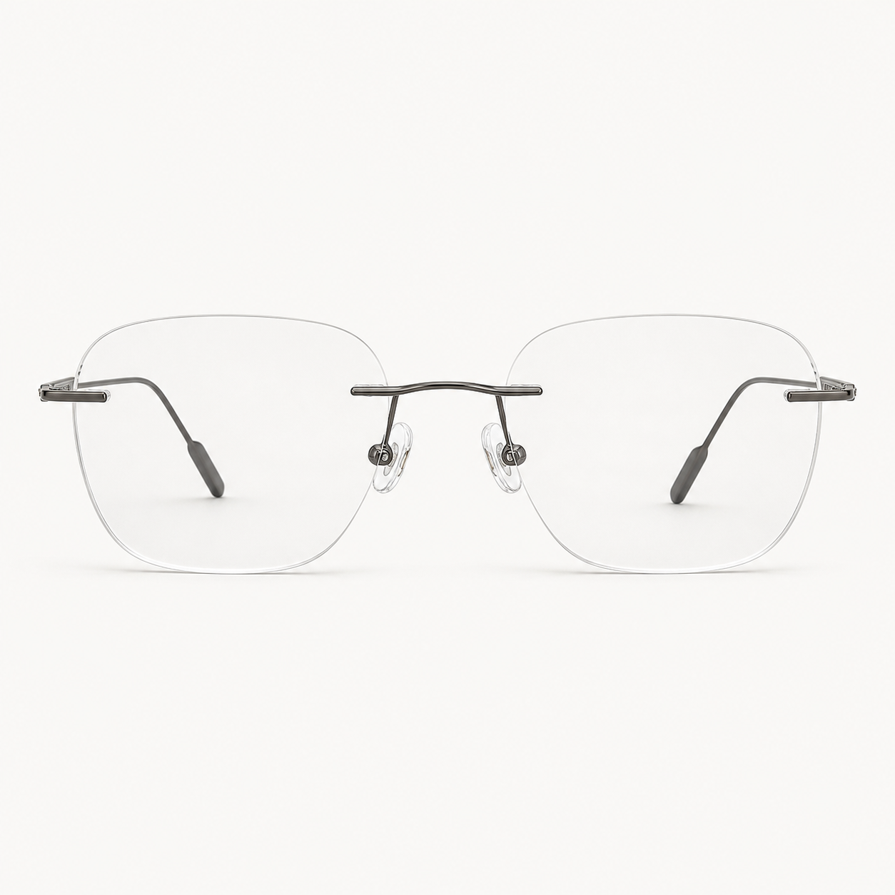Gunmetal titanium rimless geometric rectangular eyeglasses, straight-on product view