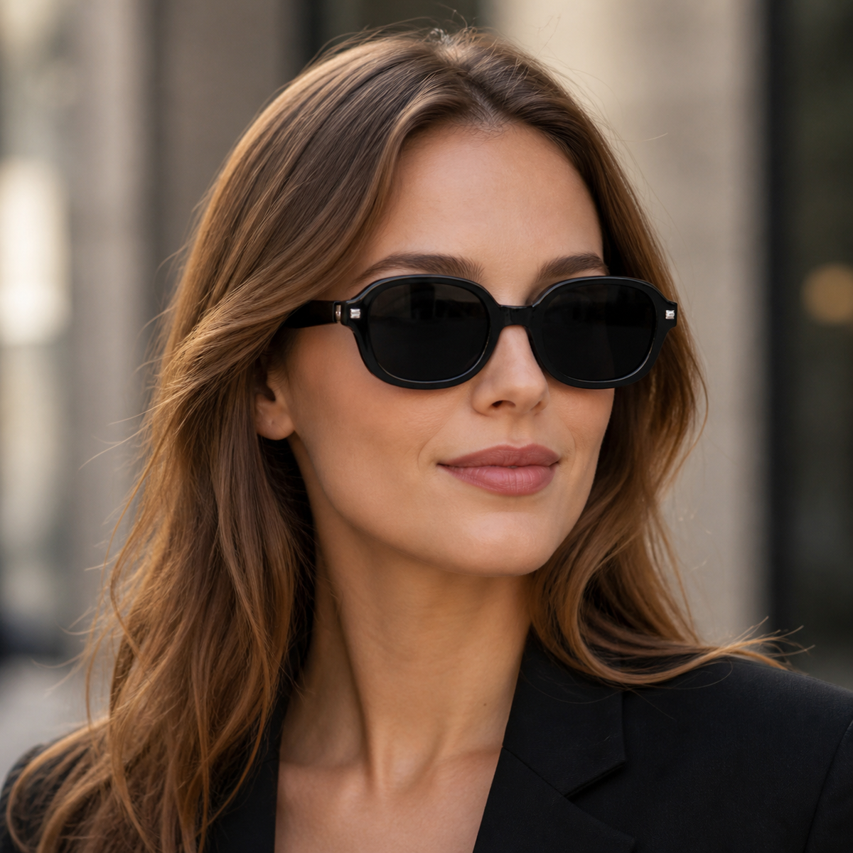 Black soft-square sunglasses on an adult woman, angled model view
