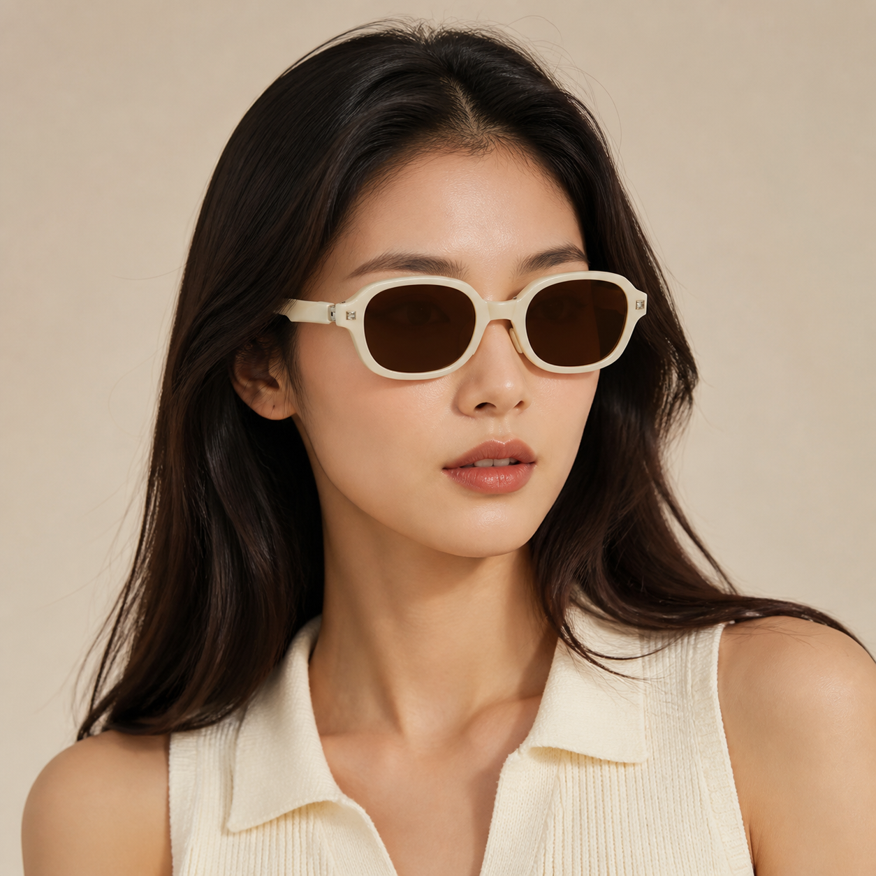 White soft-square sunglasses on an adult woman, front model view