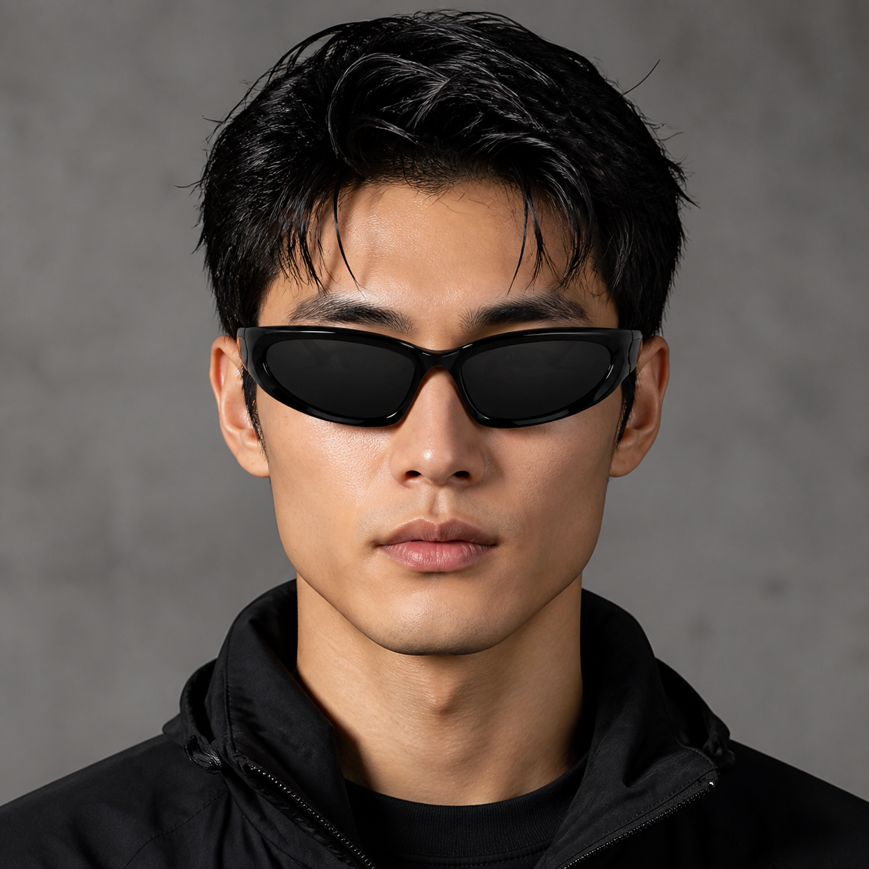 Black Unisex Cyberpunk Wraparound Sunglasses, front adult model view