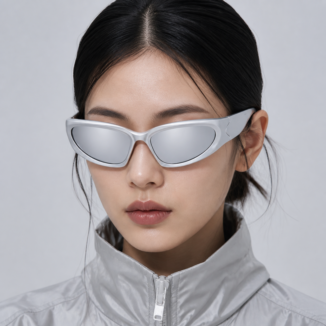 Silver Unisex Cyberpunk Wraparound Sunglasses, front adult model view
