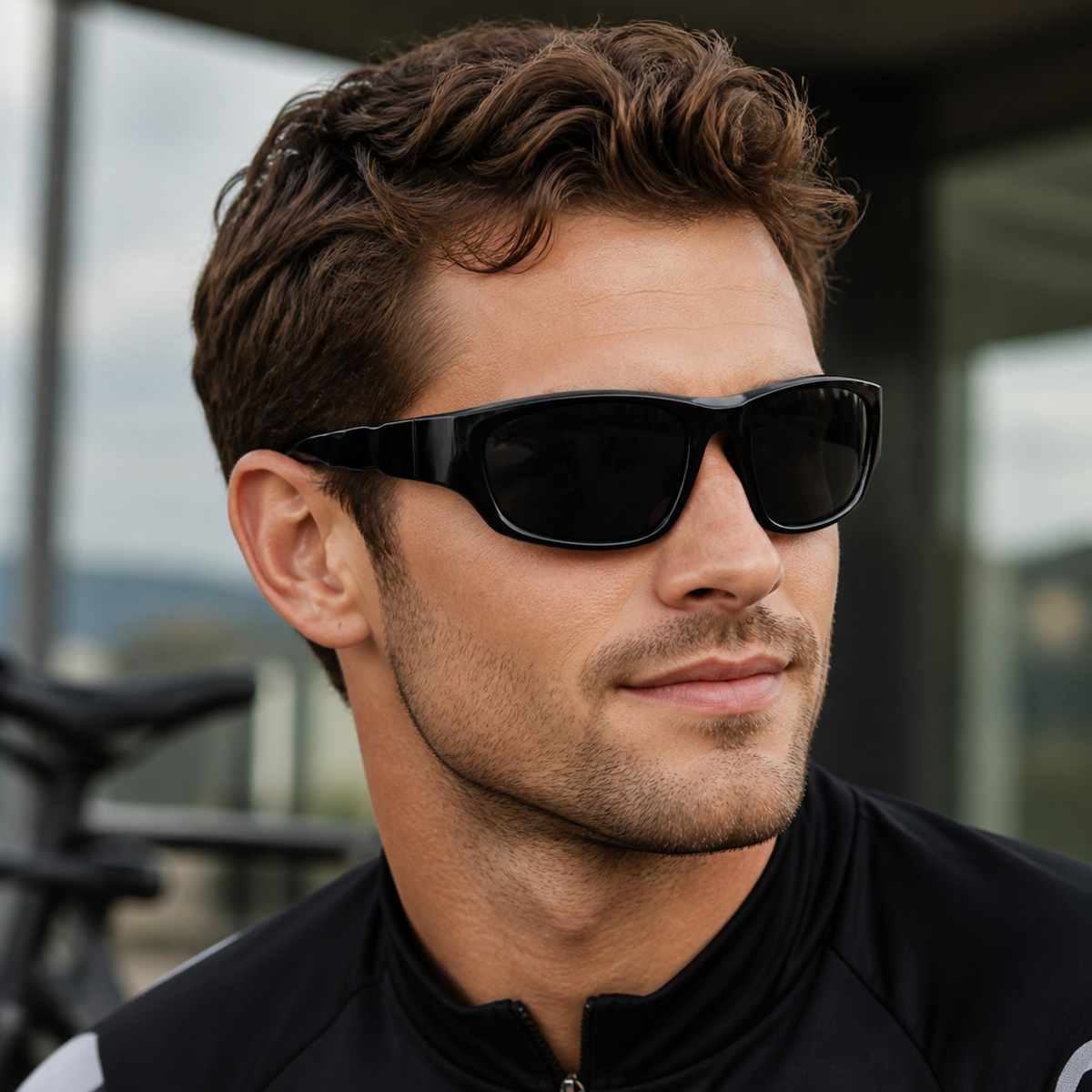 Black Unisex Y2K Wraparound Cycling Sunglasses, angled adult model view