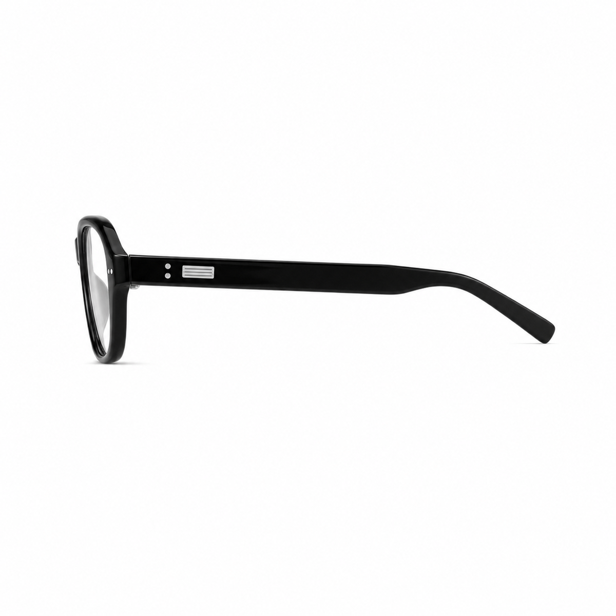 Black unisex oversized polycarbonate full-rim glasses, side and temple product view