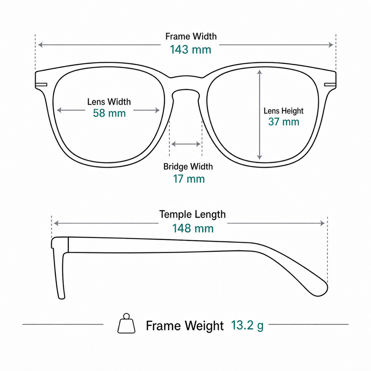 Unisex titanium rectangular frame measurement guide: 143 mm frame, 58 mm lens and 13.2 g weight