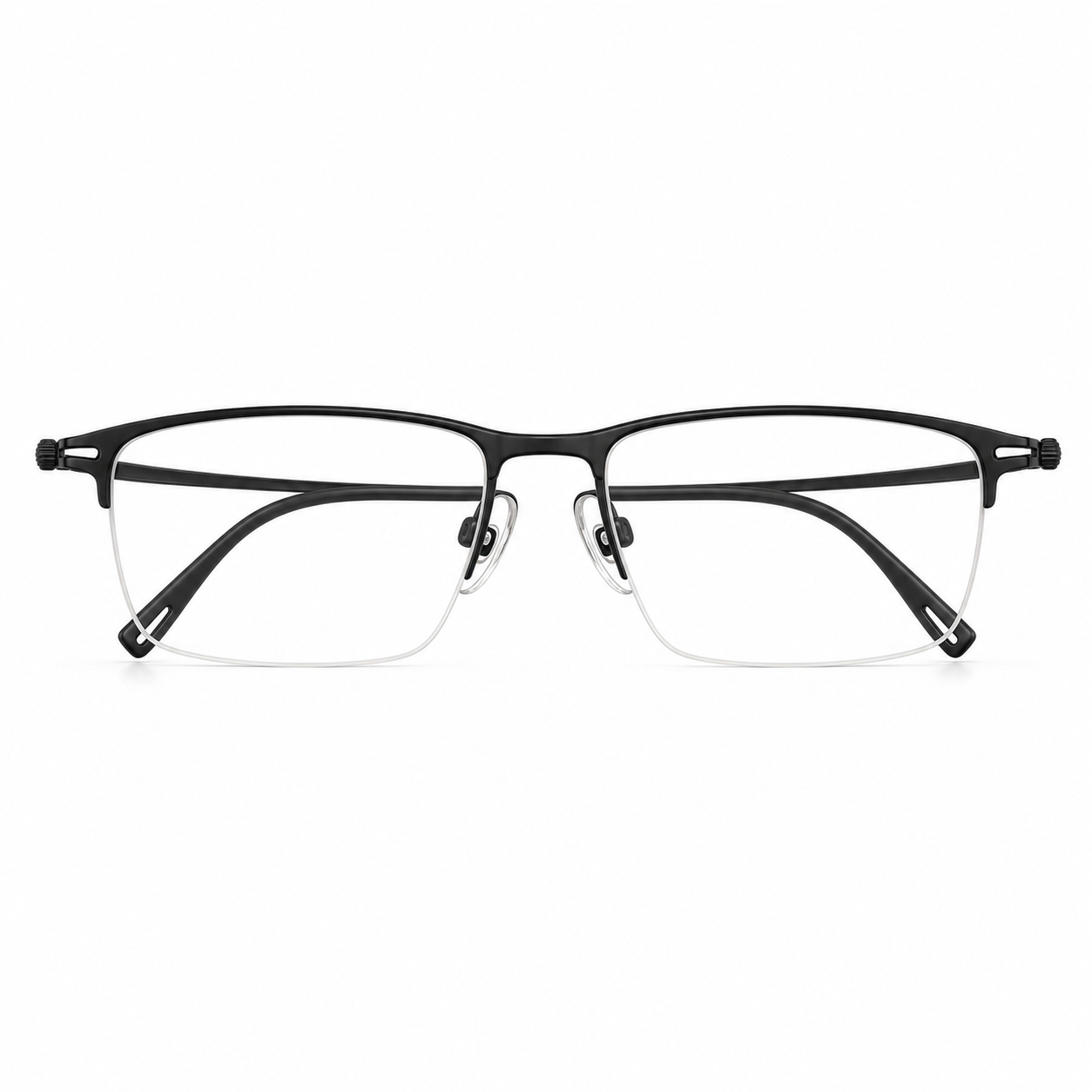 Black unisex titanium rectangular semi-rimless glasses, front product view