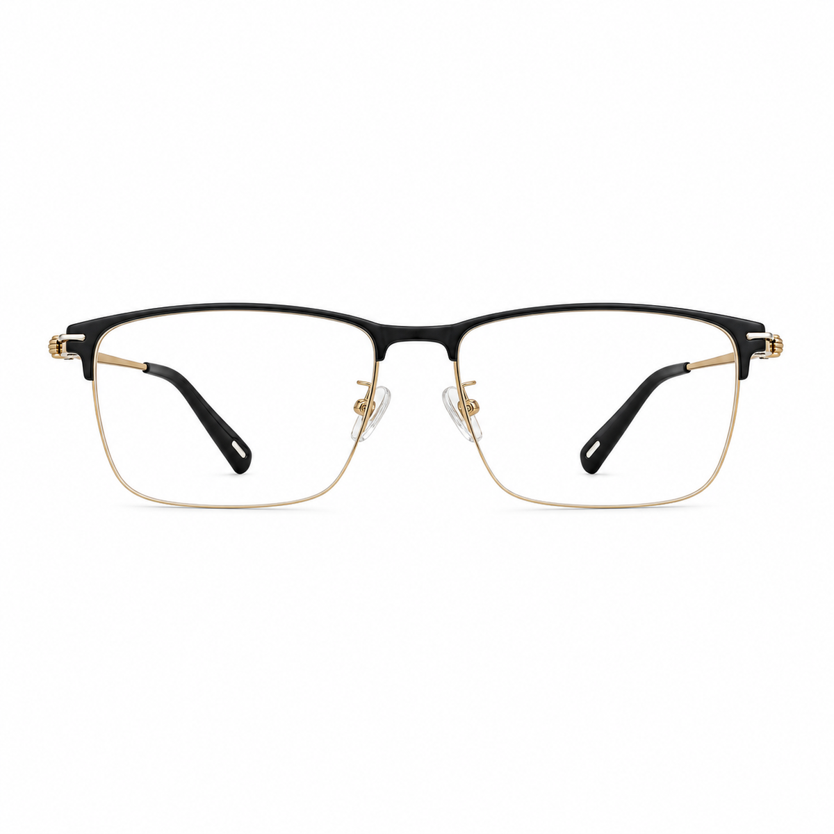 Black/Gold unisex titanium rectangular semi-rimless glasses, front product view
