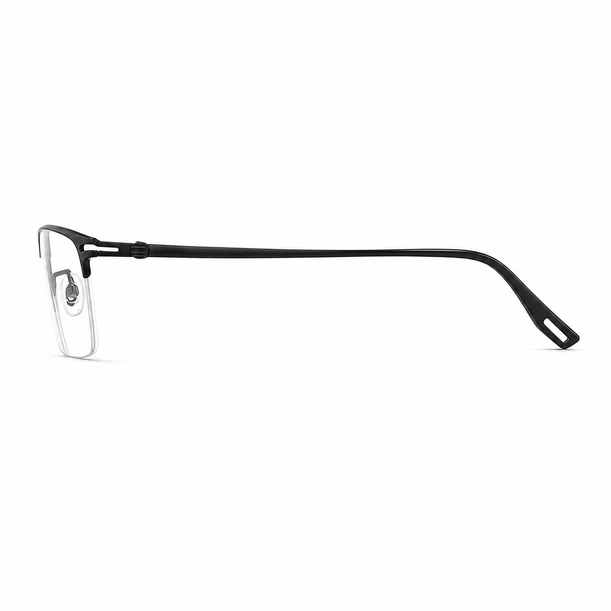 Black unisex titanium rectangular semi-rimless glasses, side and temple product view