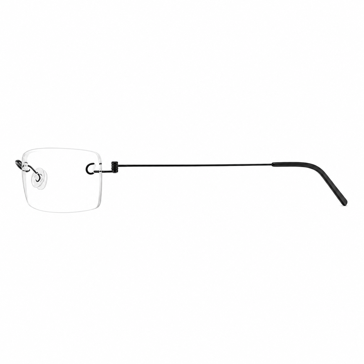 Black unisex pure-titanium rimless arched-bridge glasses, side product view