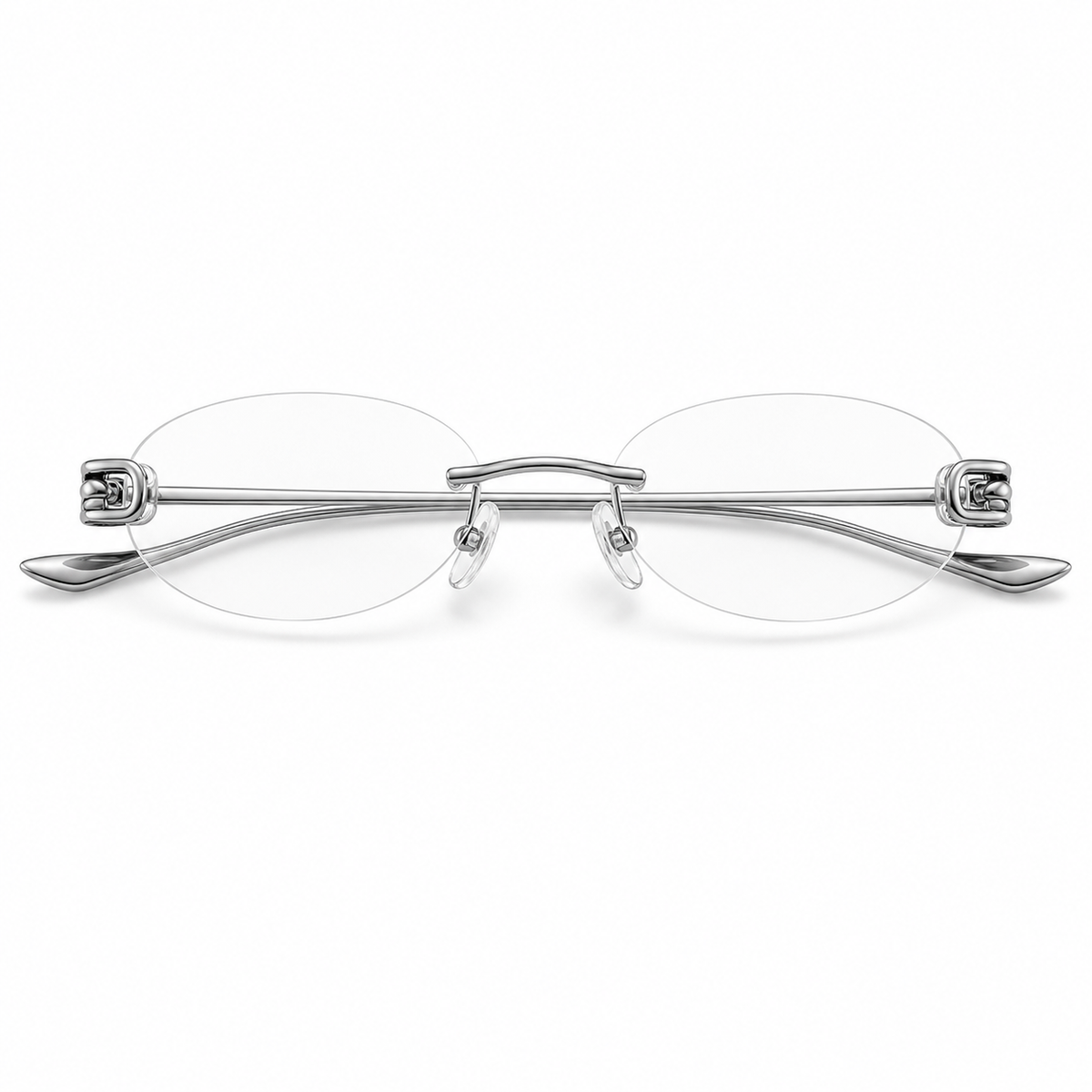 Silver unisex pure-titanium rimless knot-hinge oval glasses, front product view