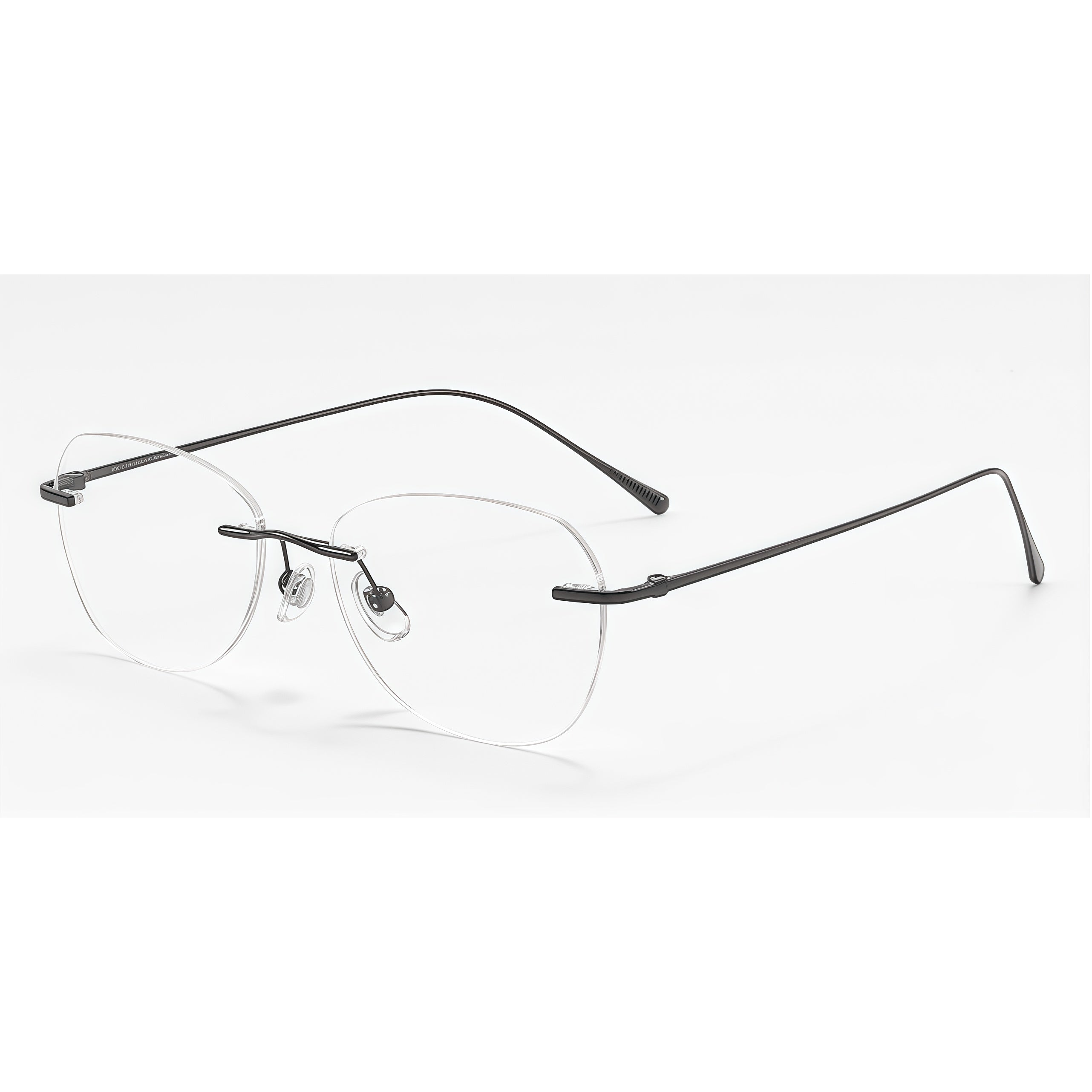 Black unisex pure titanium rimless rectangular glasses, 45-degree product view