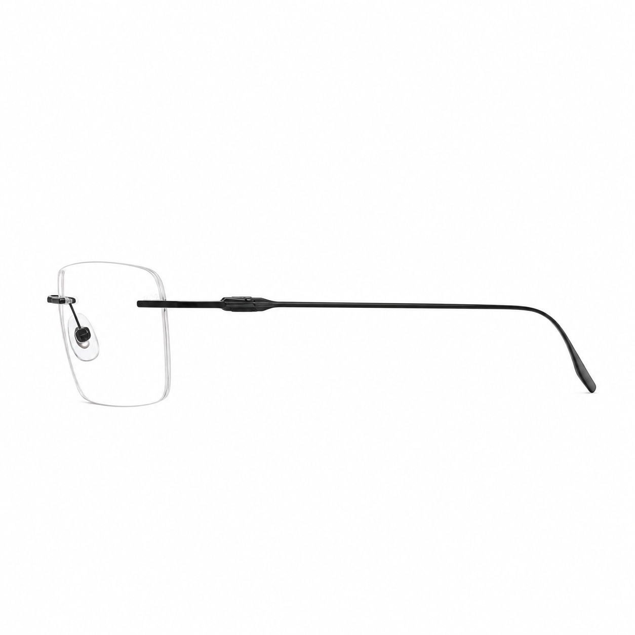 Black unisex titanium rimless sculpted-hinge glasses, side product view
