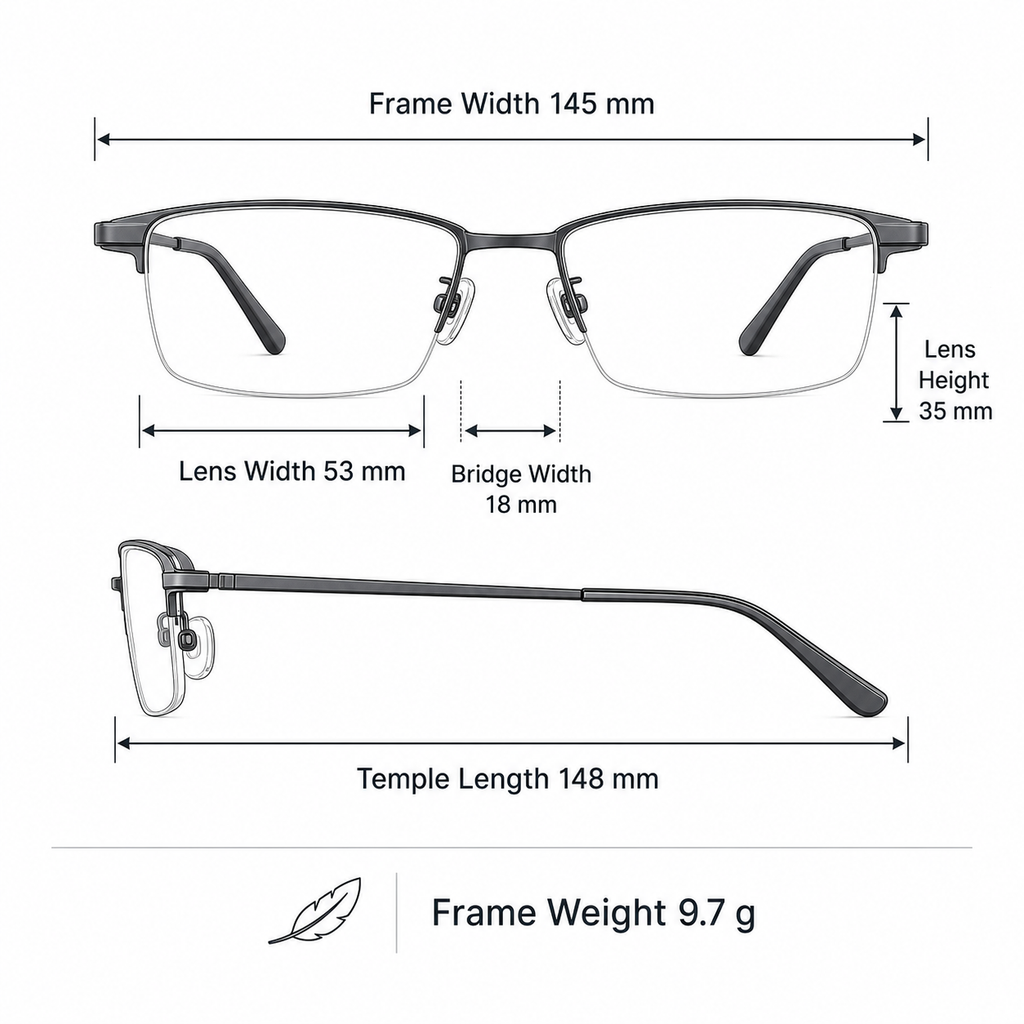 Unisex vintage titanium semi-rimless frame measurement guide: 145 mm frame, 53 mm lens and 9.7 g weight