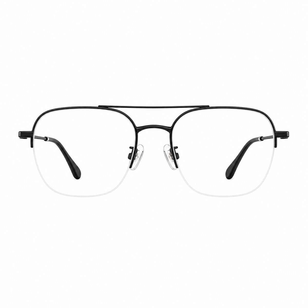Black unisex pure titanium double-bridge semi-rimless glasses, front product view