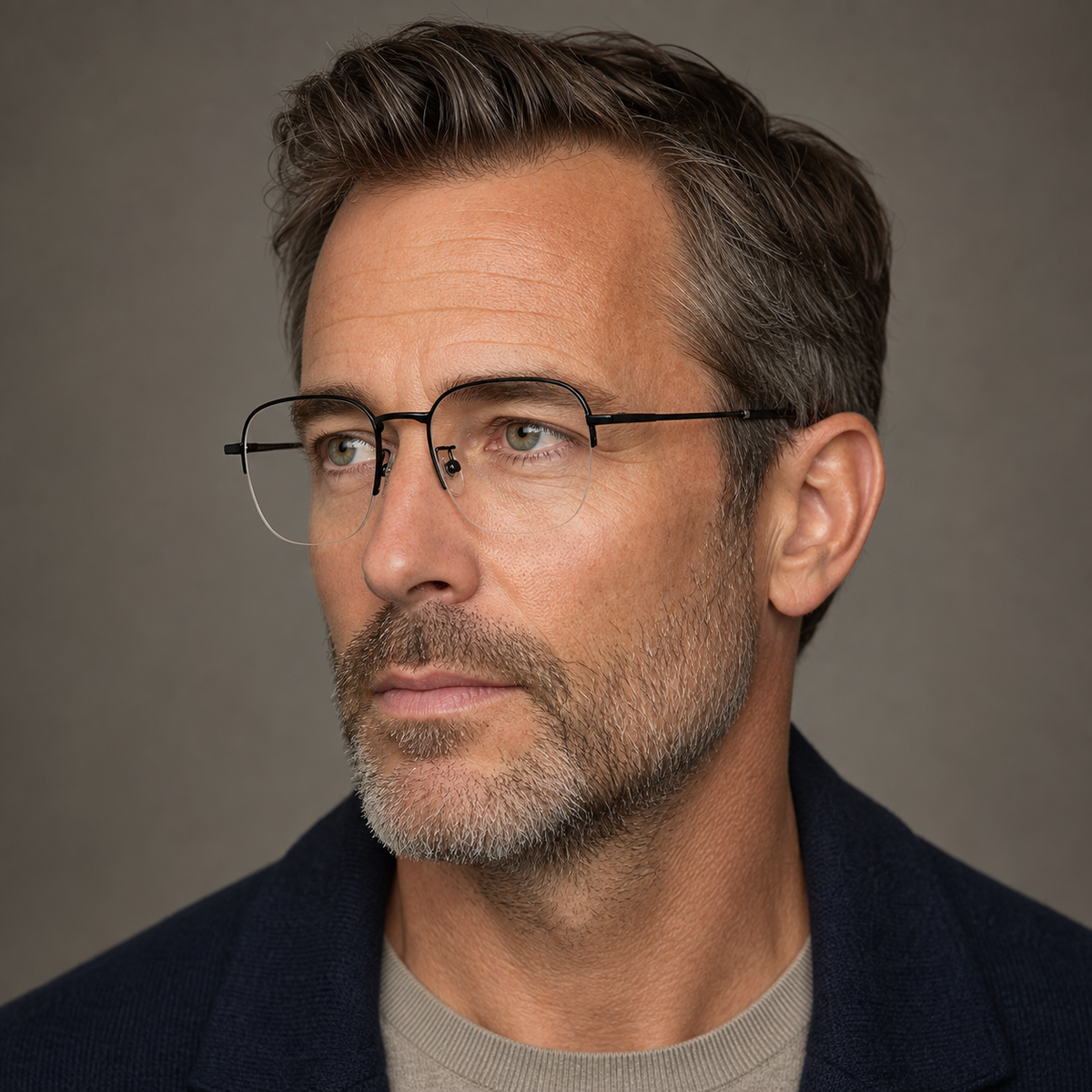 Black unisex pure titanium double-bridge semi-rimless glasses, worn by second an adult White man