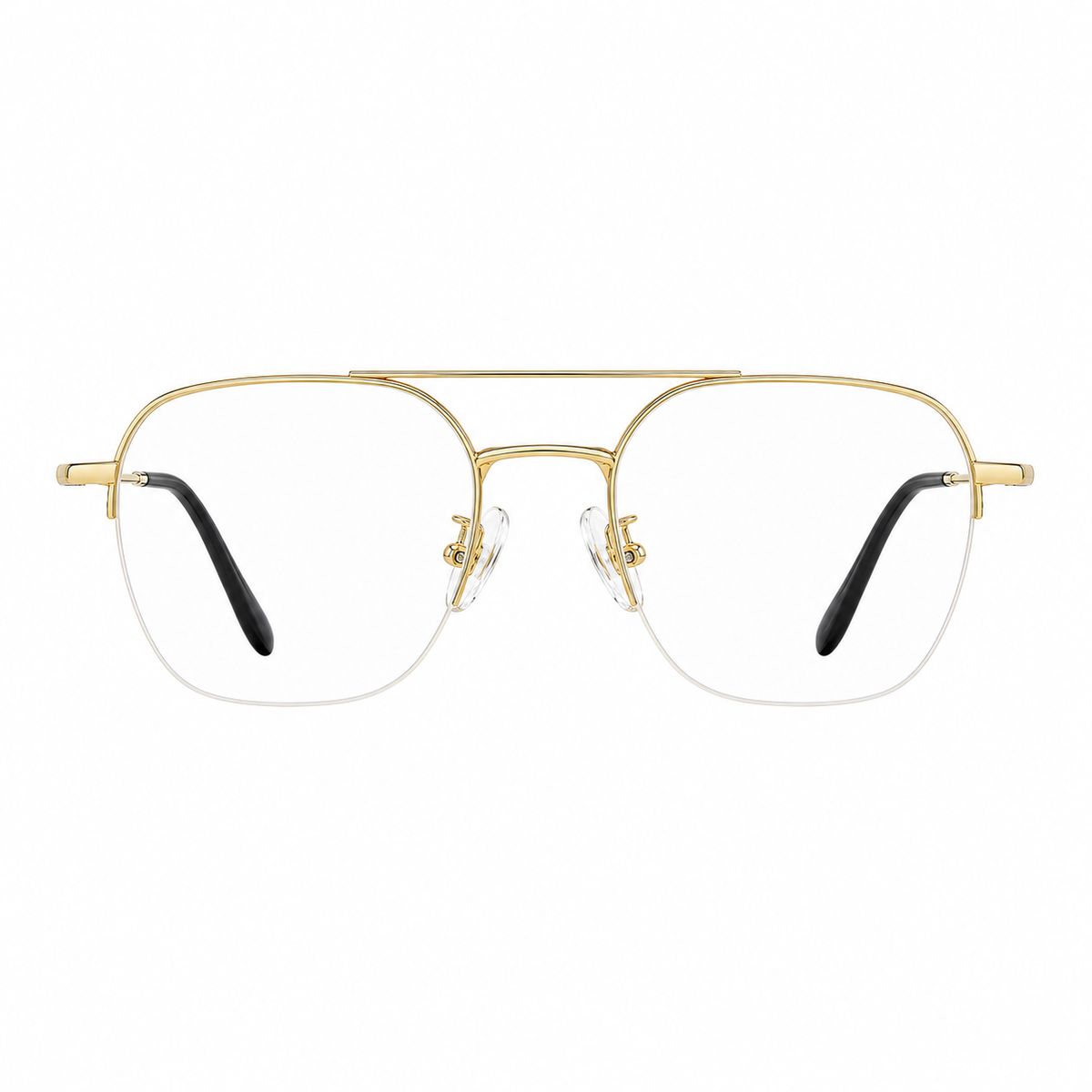 Gold unisex pure titanium double-bridge semi-rimless glasses, front product view