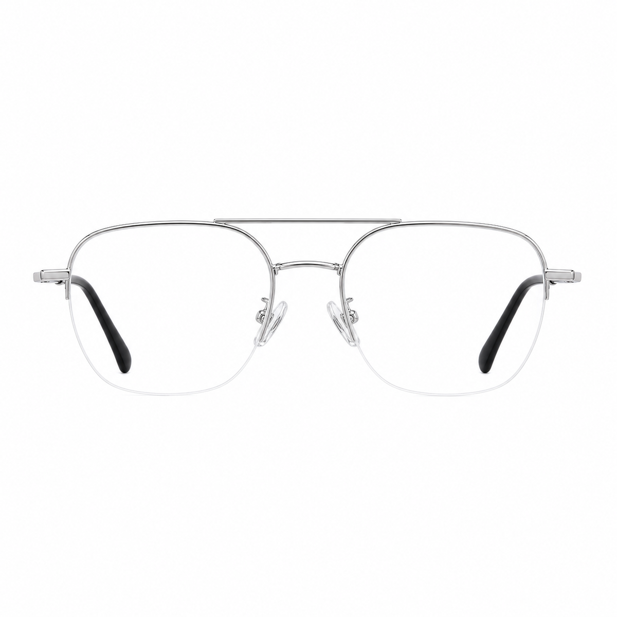 Silver unisex pure titanium double-bridge semi-rimless glasses, front product view
