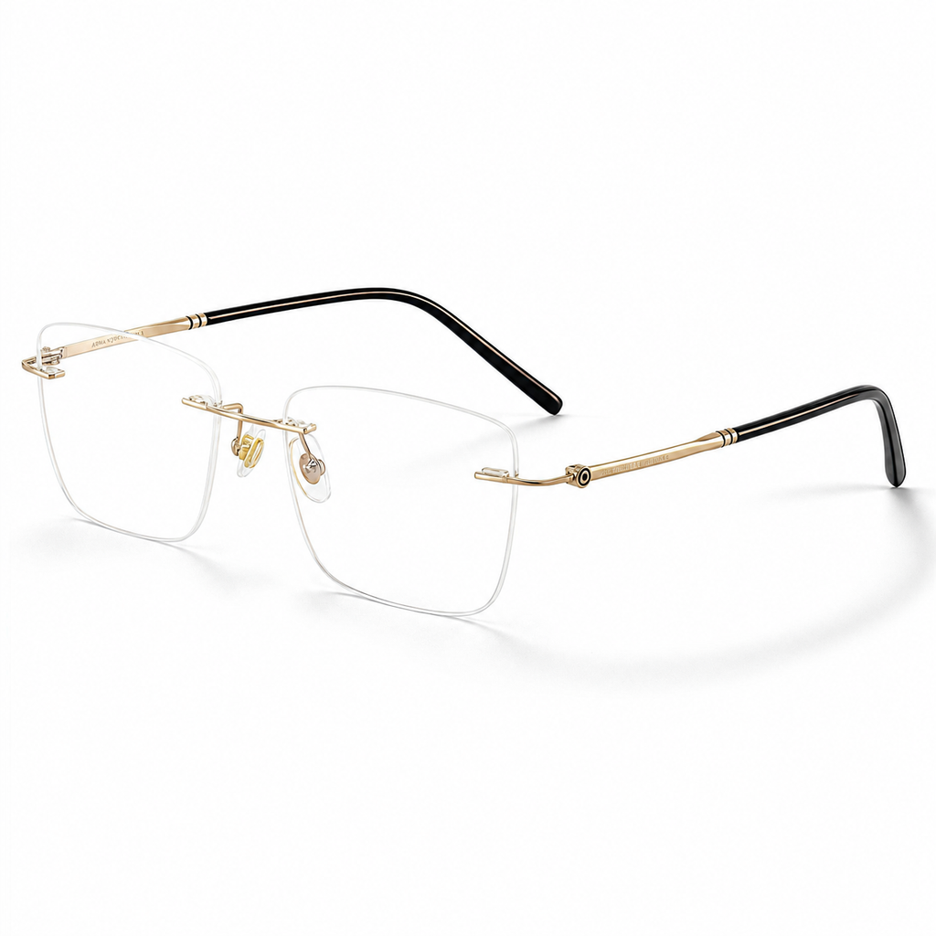 Gold titanium rimless rounded-rectangle eyeglasses, 45-degree product view