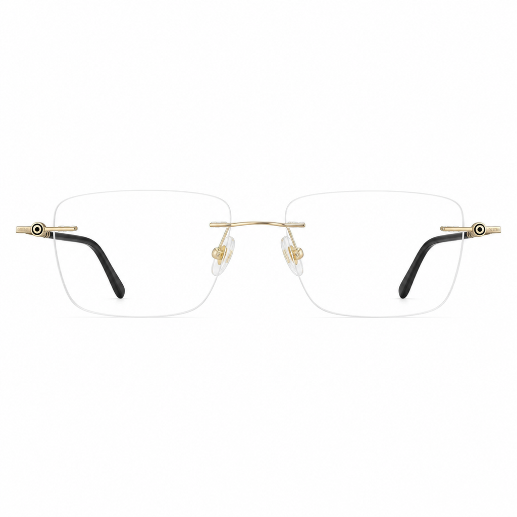 Gold titanium rimless rounded-rectangle eyeglasses, straight-on product view