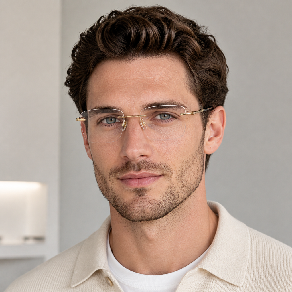 Gold titanium rimless rounded-rectangle eyeglasses, front adult model fit