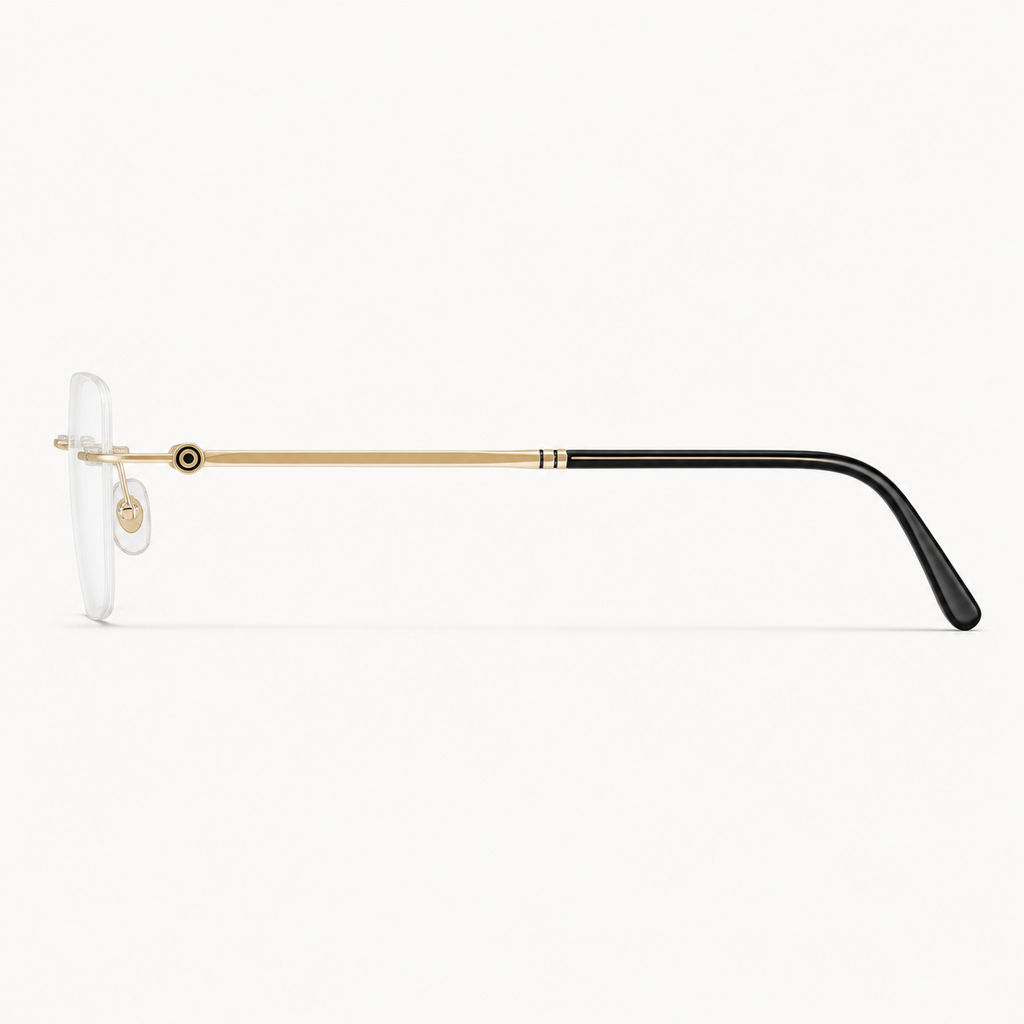 Gold titanium rimless rounded-rectangle eyeglasses, side-profile product view