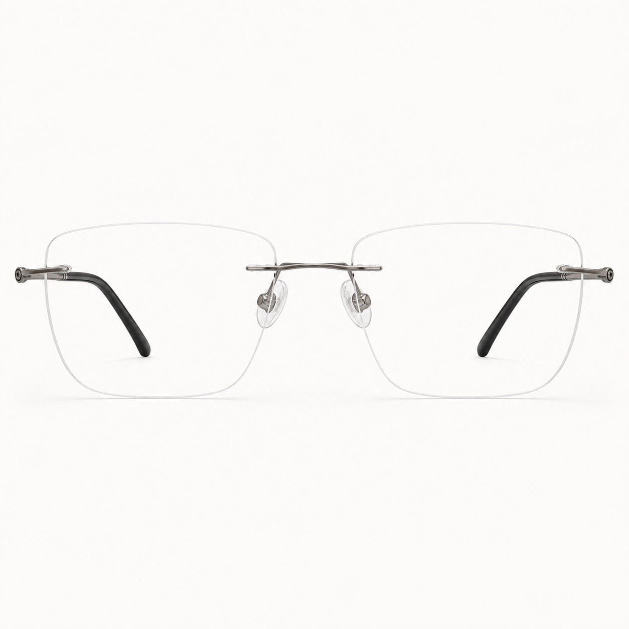 Gunmetal titanium rimless rounded-rectangle eyeglasses, straight-on product view