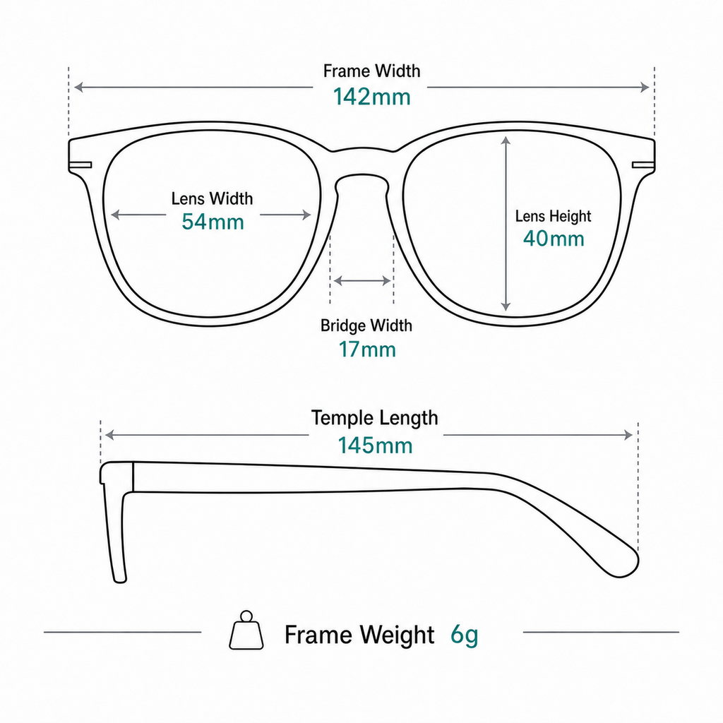 Men's Titanium Rimless Rounded-Rectangle Glasses measurement guide: 142mm frame width, 54mm lens width, 6g weight