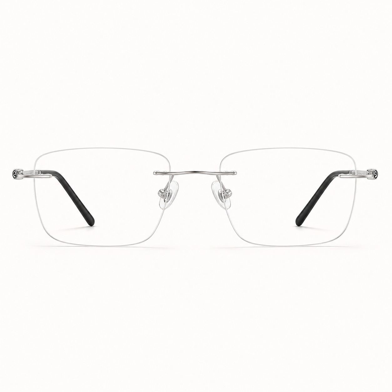 Silver titanium rimless rounded-rectangle eyeglasses, straight-on product view