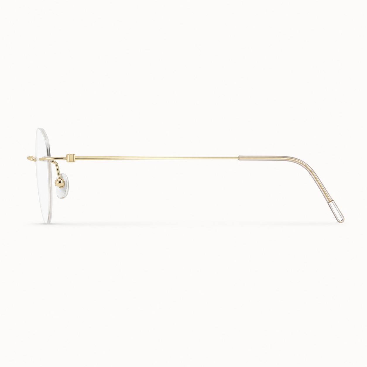 Gold pure titanium rimless oval eyeglasses, side-profile product view