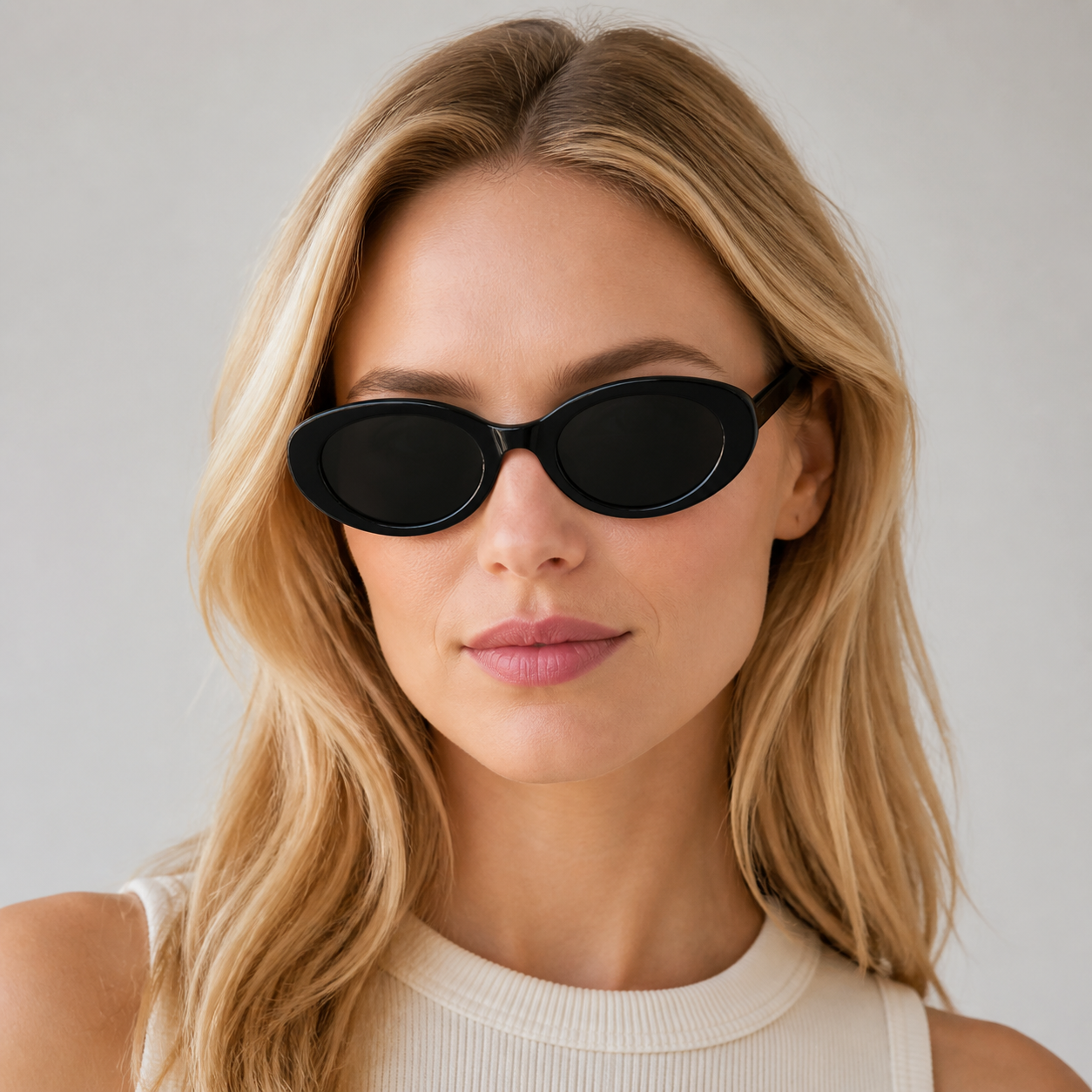 Black Women's Oval Cat-Eye PC UV400 Sunglasses, front adult model view