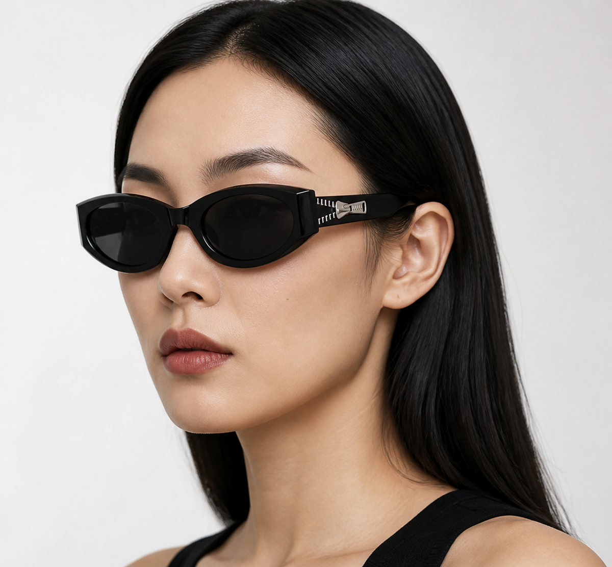 Women’s Black full-rim narrow rectangle sunglasses, front adult model fit