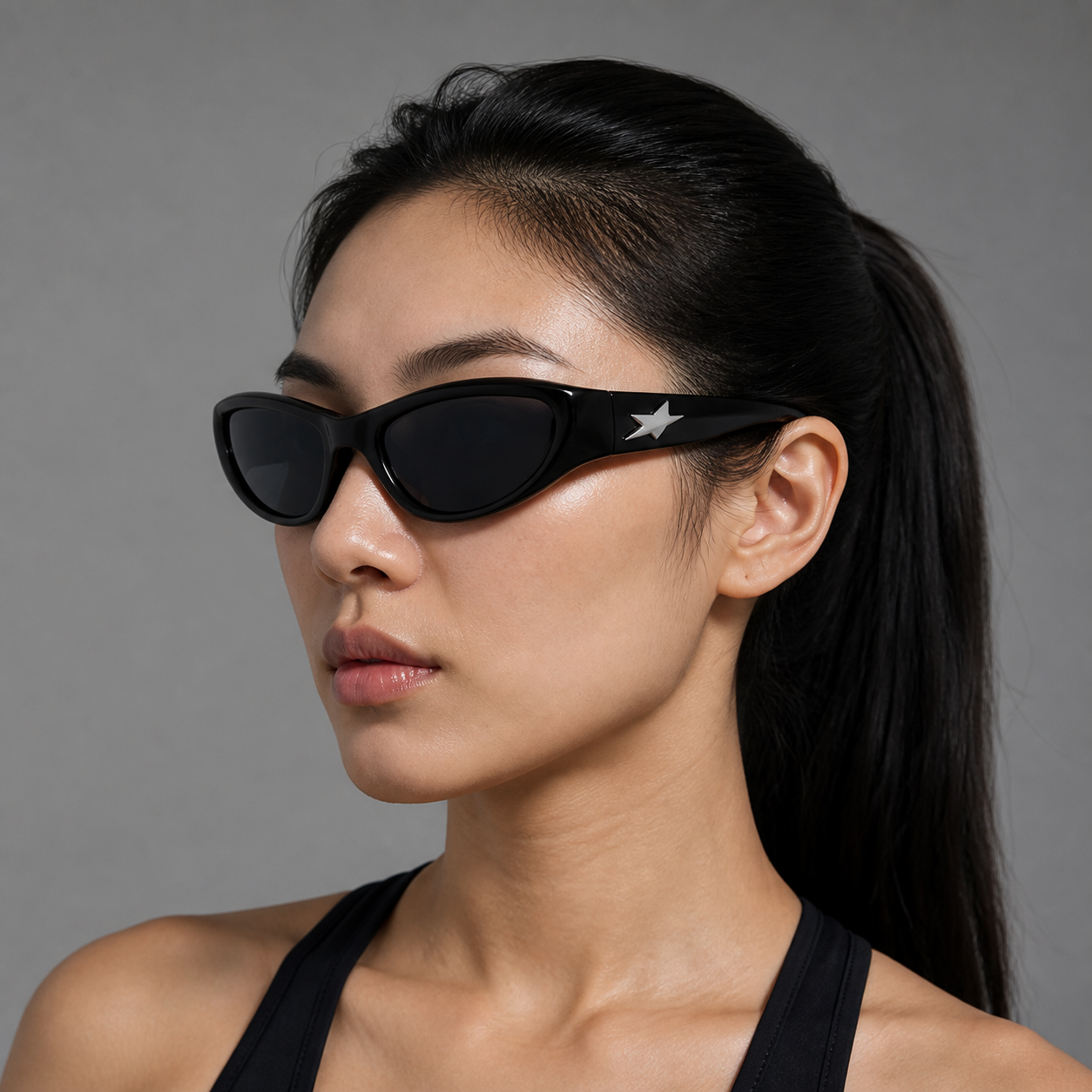 Black Women's Y2K Wraparound Sports Sunglasses, angled adult model view