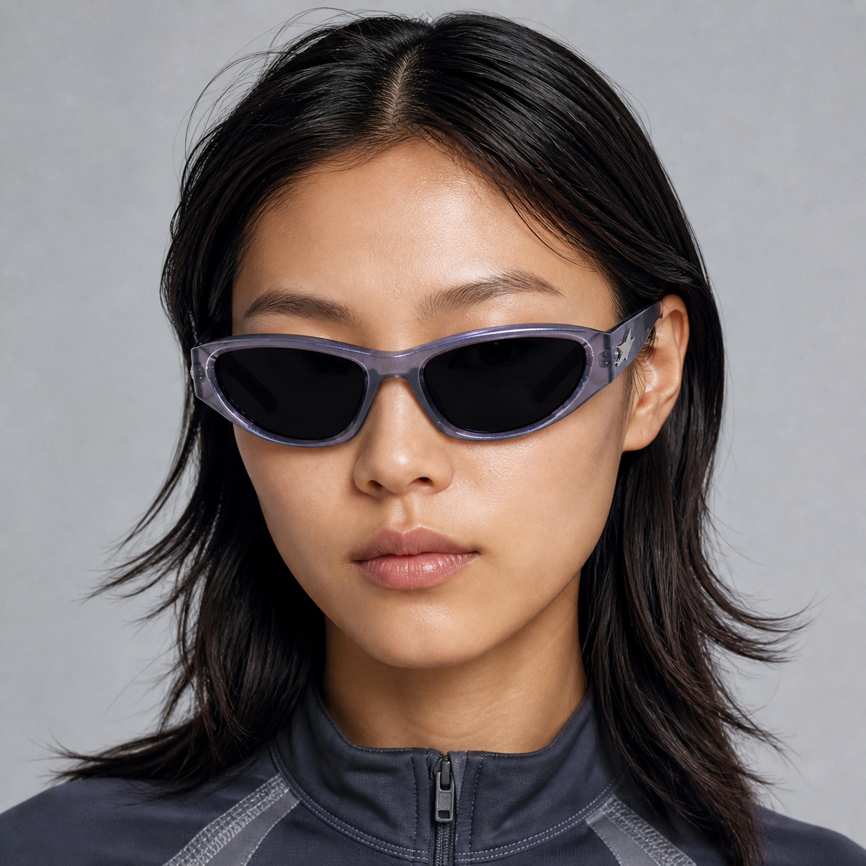 Lavender Women's Y2K Wraparound Sports Sunglasses, front adult model view