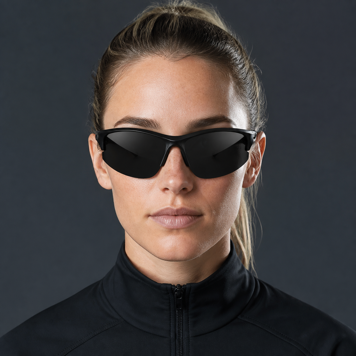 Black Women's Wraparound UV400 Sports Sunglasses, front adult model view