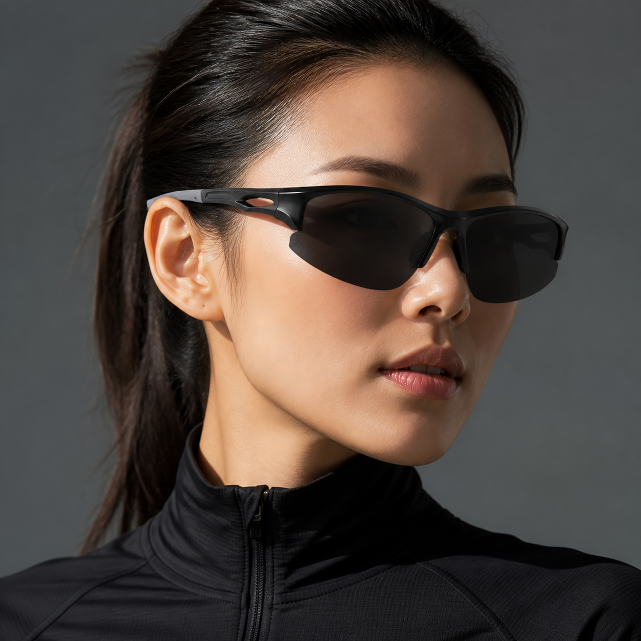 Black Women's Wraparound UV400 Sports Sunglasses, angled adult model view