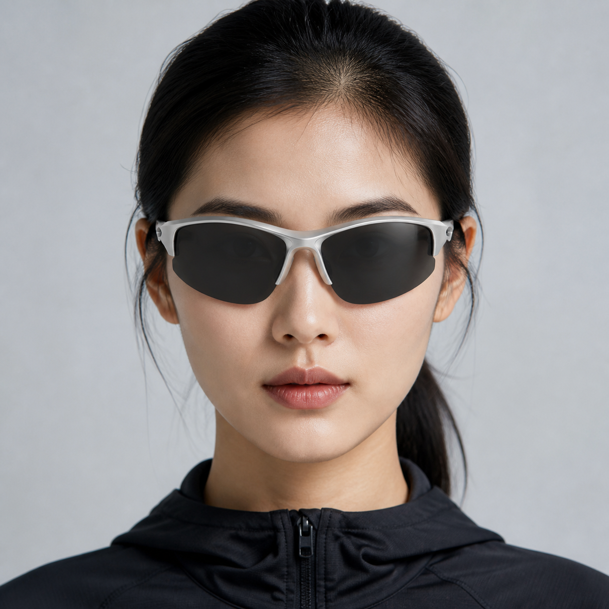 Silver Women's Wraparound UV400 Sports Sunglasses, front adult model view