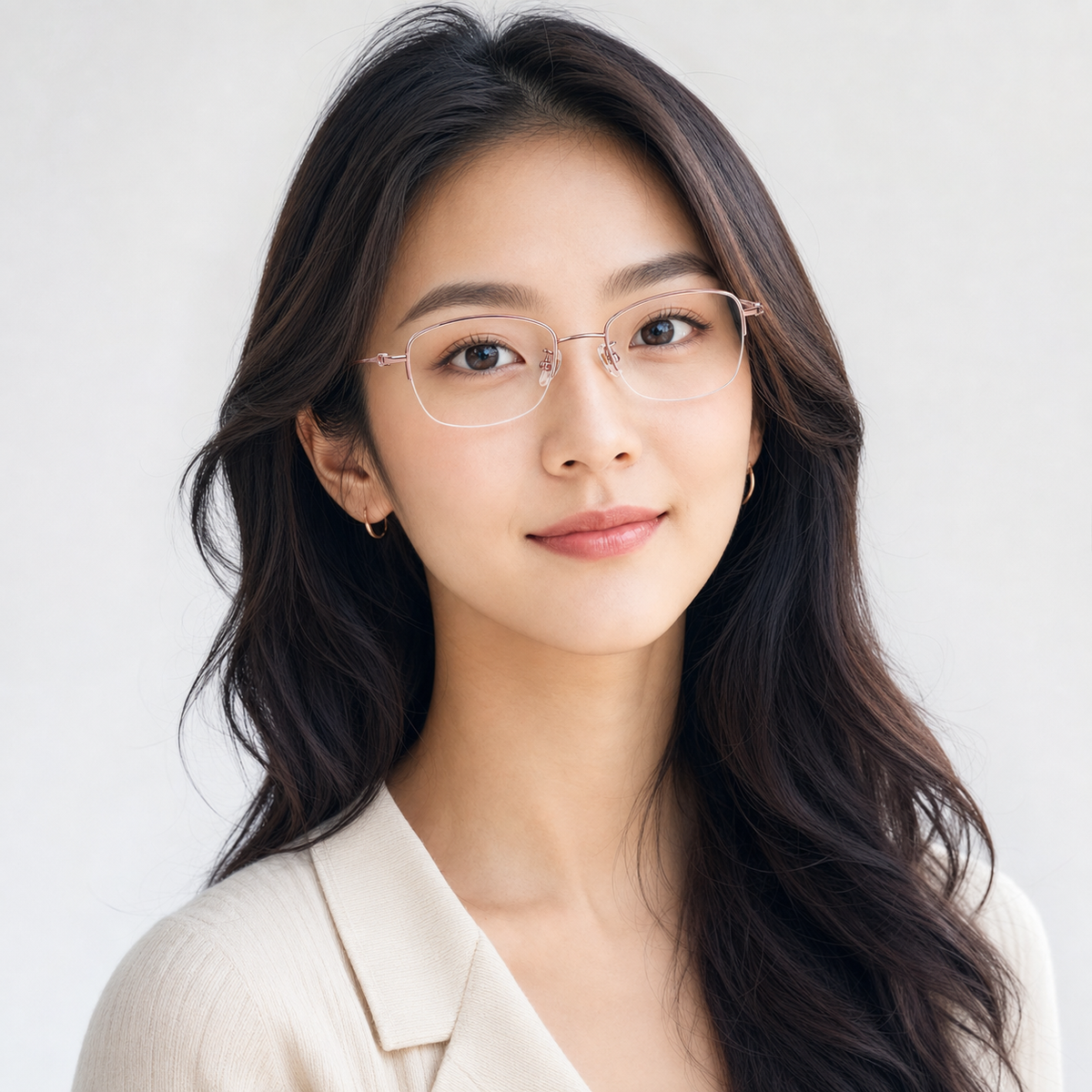 Rose Gold women's titanium semi-rimless glasses worn by an adult East Asian woman