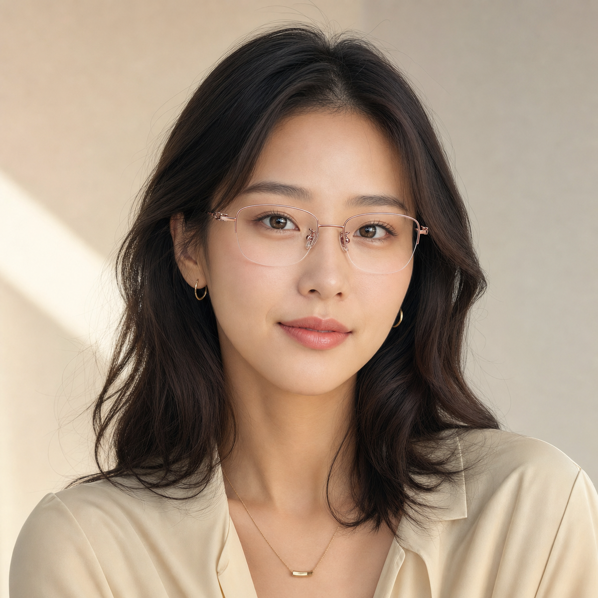 Rose Gold women's titanium semi-rimless glasses worn by a second adult East Asian woman