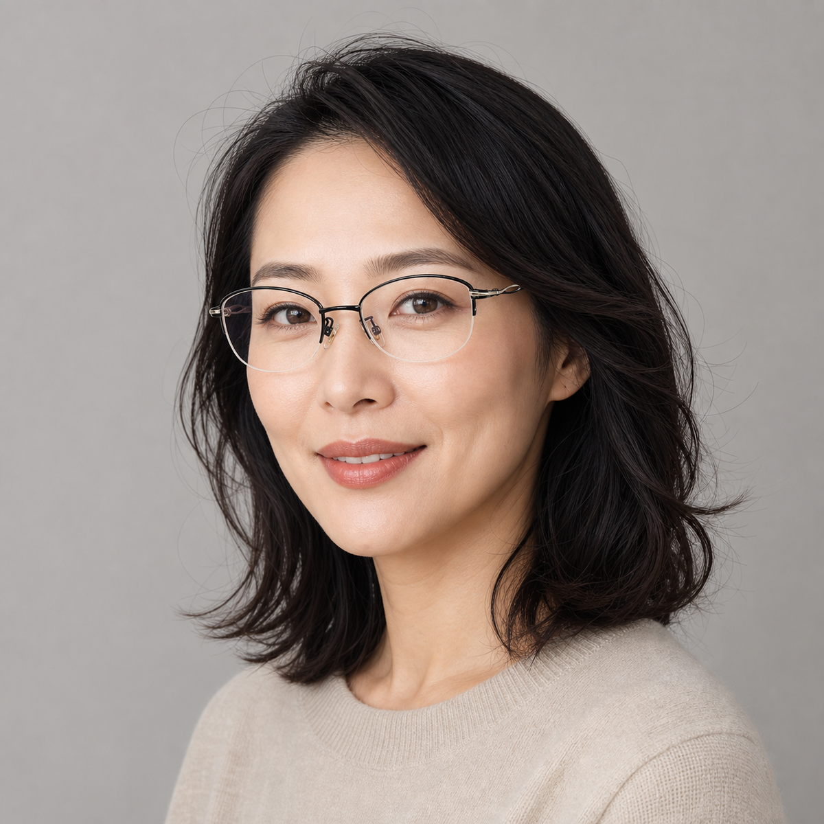 Black women's vintage alloy semi-rimless glasses worn by an adult East Asian woman