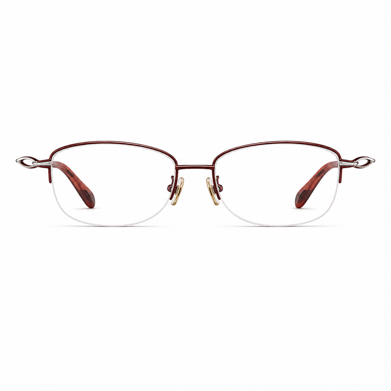 Burgundy women's vintage alloy semi-rimless glasses, front product view