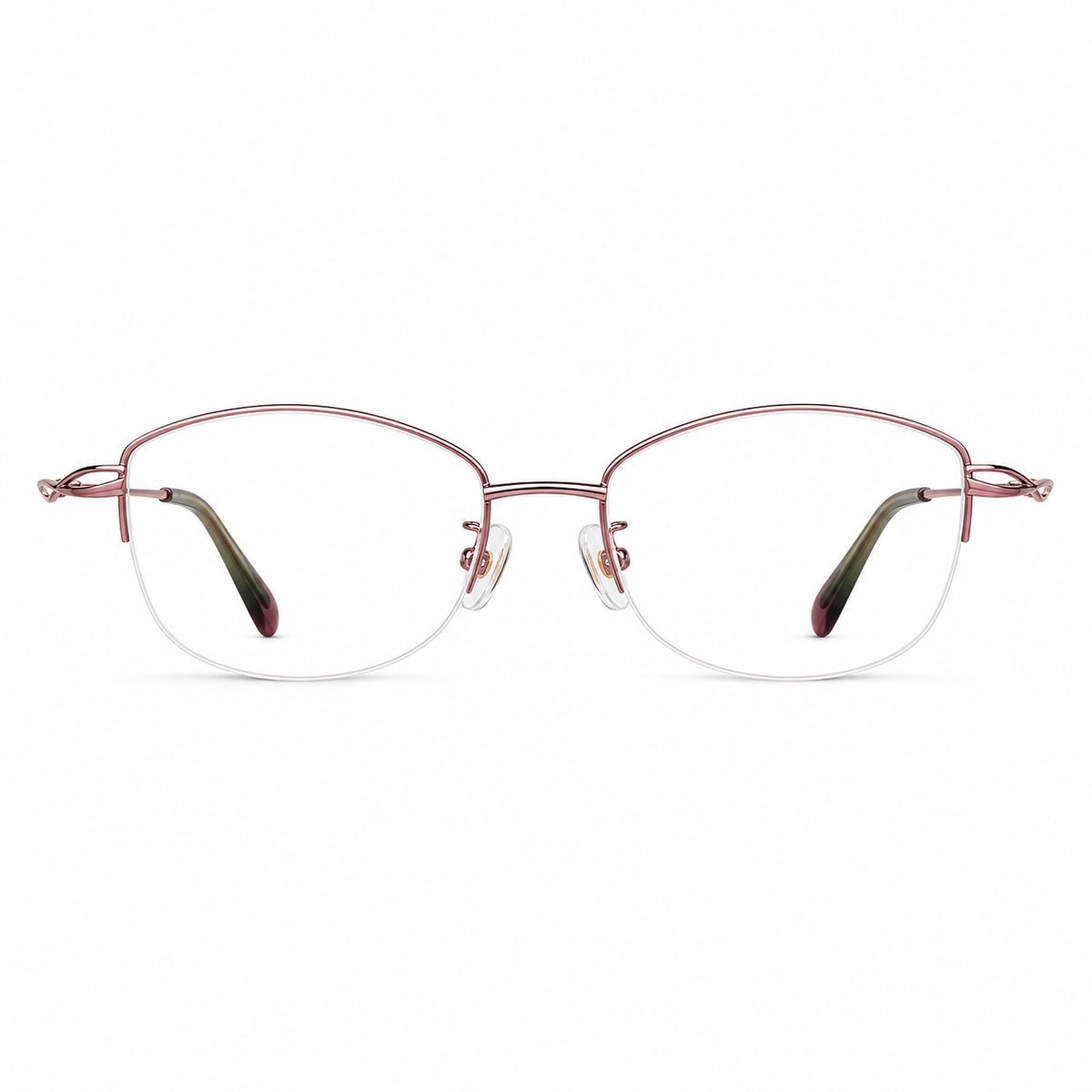 Pink women's vintage alloy semi-rimless glasses, front product view