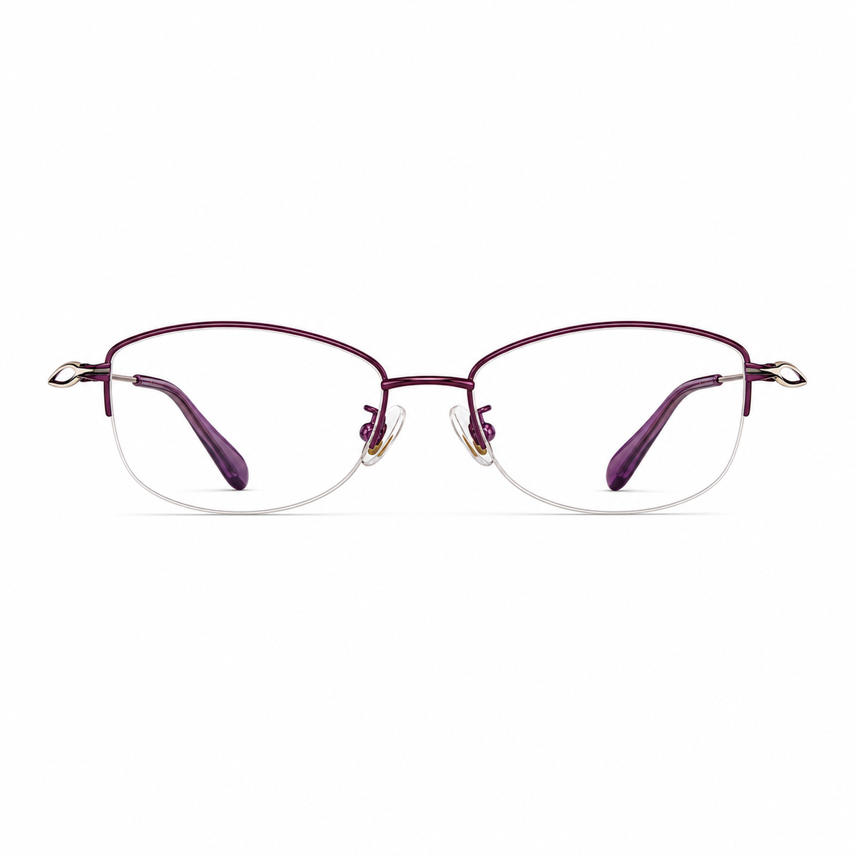 Purple women's vintage alloy semi-rimless glasses, front product view