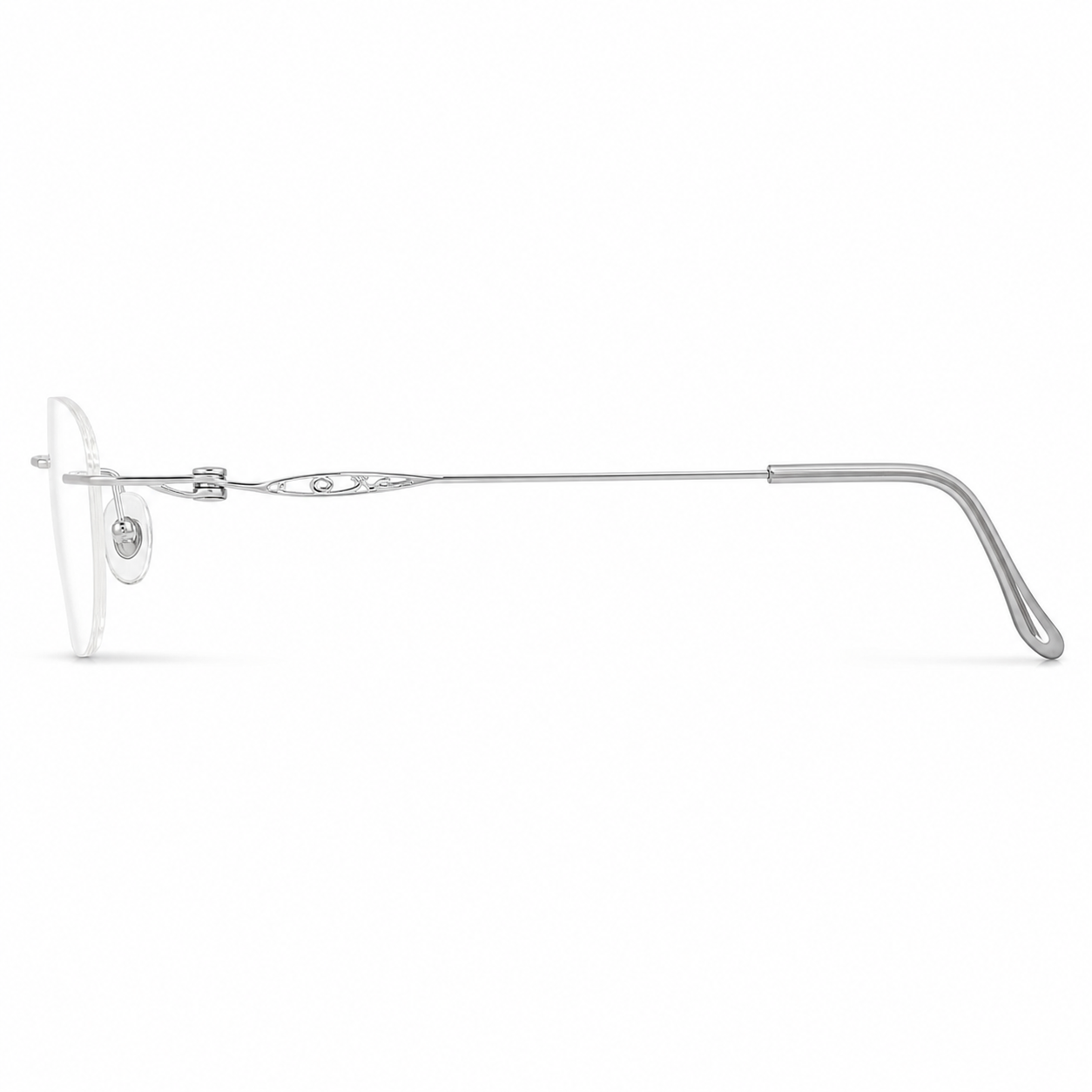 Silver women's pure titanium rimless scroll-temple glasses, side product view