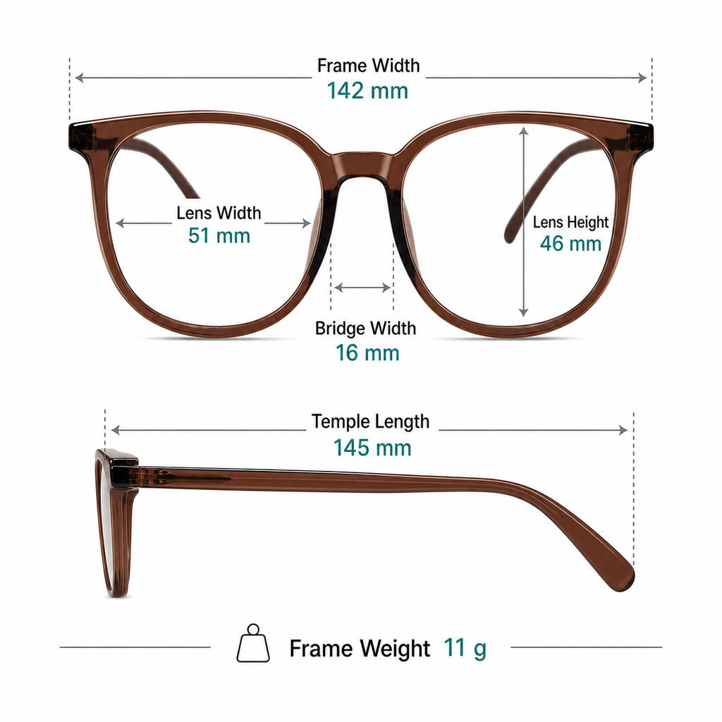 Women's oversized TR90 frame measurement guide: 142 mm width, 51 mm lenses and 11 g weight