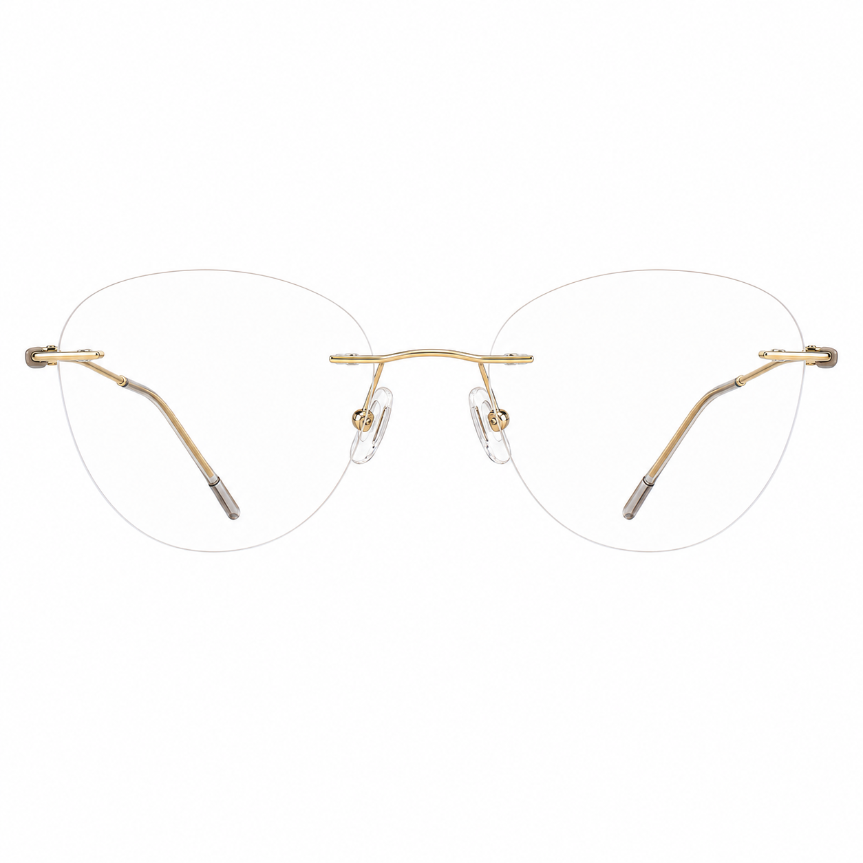 Gold and brown women's titanium rimless cat-eye glasses, front product view