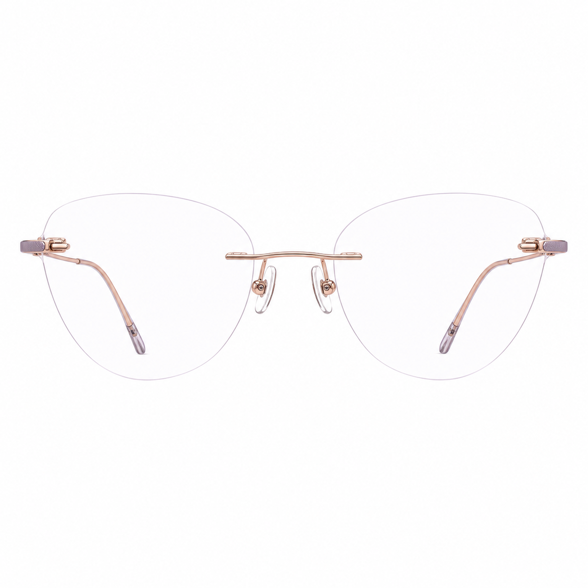 Rose gold and purple women's titanium rimless cat-eye glasses, front product view