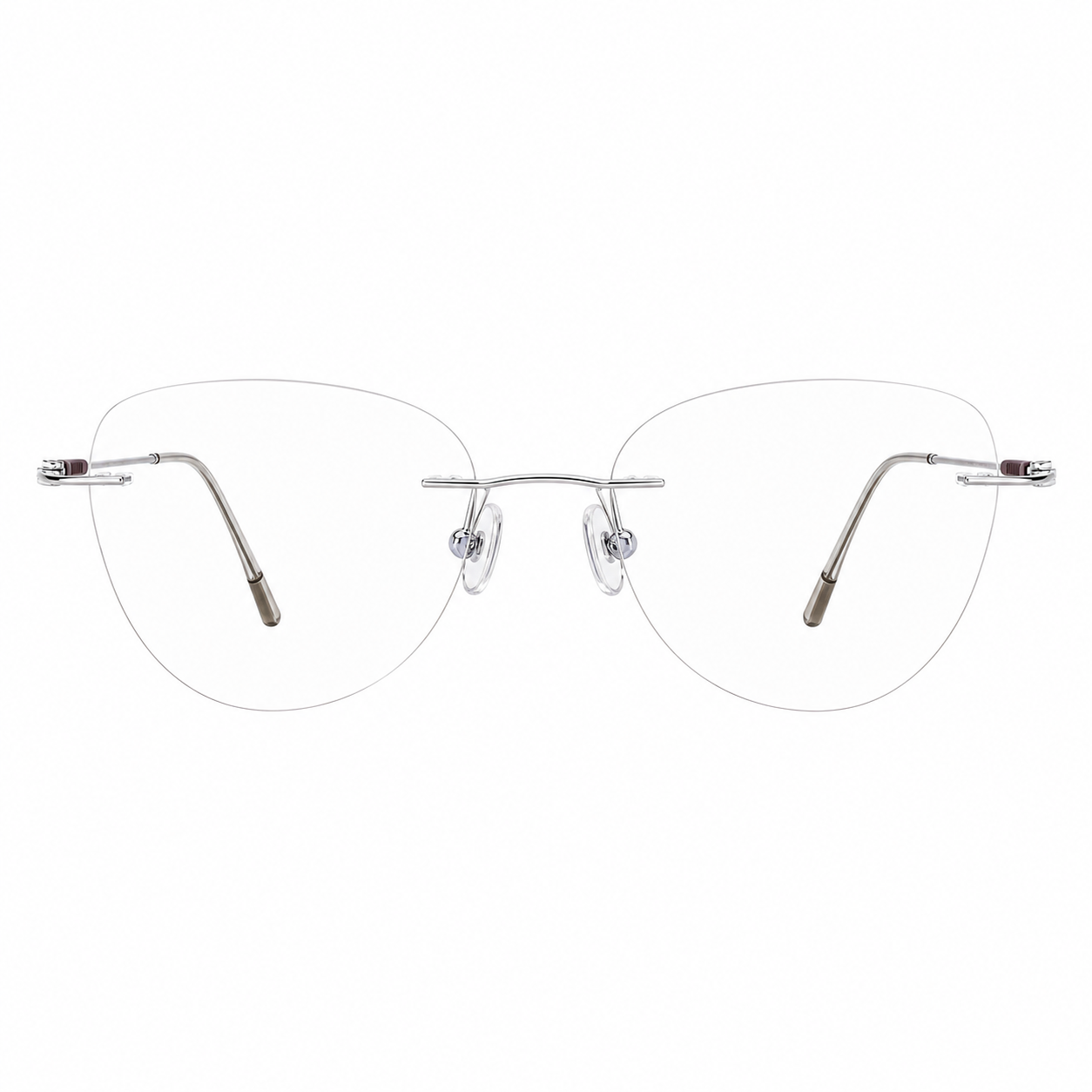 Silver and brown women's titanium rimless cat-eye glasses, front product view